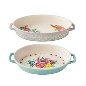 Pwq296881814314 Pioneer Woman Sweet Romance Blossoms 2pc Oval Ceramic Floral Baking Dish New