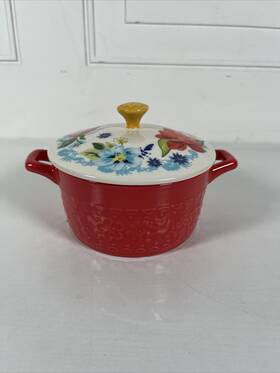 Pws096881814311 Pioneer Woman Mini Casserole Dish With Lid Stoneware Mazie Red 14.4 Oz Inch The