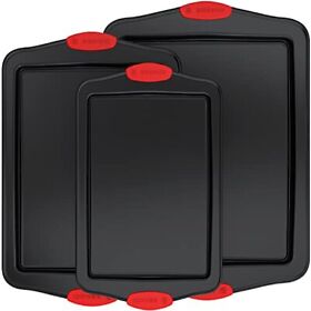 Premium Non-stick Baking Sheets Set Of 3 Deluxe Pba Freew Silicone Handles