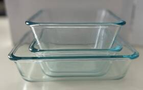 7211 Pyrex 8706 Set Of 3 Clear Blue Green Tinted Glass Baking Dishes 8704