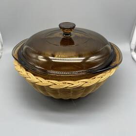 623-c Pyrex Aa-33 023 Amber Round 1.5 Quart Casserole Baking Dish B-14 Lid And Basket