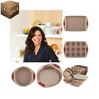 98527 Rachael Ray Nonstick Bakeware Set 10 Piece Latte Brown With Cranberry Handle Red 58030