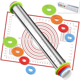Rolling Pin Nonstick And Silicone Baking Pastry Mat Combo Kit Adjustable Rollin