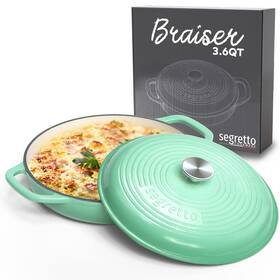 Segretto Cookware 720310450011 3.6 Quart Verde Chiaro Light Green Cast Iron Braiser Pan With Lid Ena Segretto Cookware 720310450011 3.6 Quart Verde Chiaro Light Green Cast Iron Braiser Pan With Lid Ena