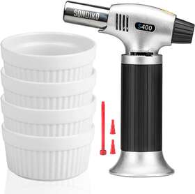 Tk-01 Sondiko Creme Brulee Set With Torch 4 Porcelain Ramekins 6 Oz Butane