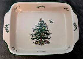 34ctr999 Spode Christmas Tree Holly Rectangular Handled Serving Baking Dish Oven Holiday