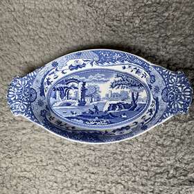 S3447-v Spode Italian Blue/white Oval Handle Sole Baking Dish Oven To Table England 8.5 Inch