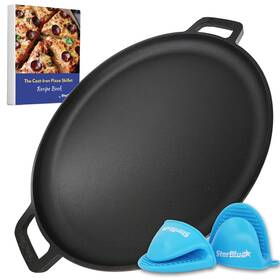 Starblue 897115810176 16 Inch Cast Iron Pizza Pan Round Griddle By With Free Silicone Handles And 3 Starblue 897115810176 16 Inch Cast Iron Pizza Pan Round Griddle By With Free Silicone Handles And 3