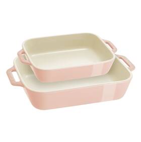 1029590 Staub Stoneware 2-pc Rectangular Baking Dish Set Macaron Light Pink New