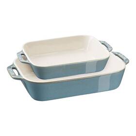 40511-924 Staub Ceramic Rectangular Baking Dish Set Casserole 2-pc Rustic Turquois