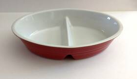 1281690 Sur La Table Stoneware 2-section Casserole Dish Red Oven To Portugal Nwt
