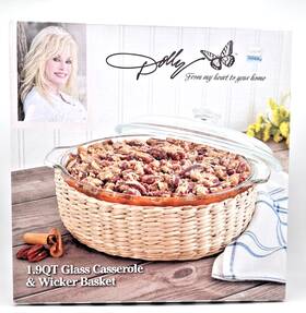 Tabletops Unlimited 048552613057 Dolly Parton Glass 1.9 Quart Casserole Dish And Wicker Basket Lid Bakeware Round Nib