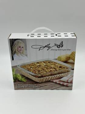 Ttu-v0593 Tabletops Unlimited Dolly Parton Glass Square Baker And Wicker Basket 1.9 Quart 8 Inch Cookware Dishes
