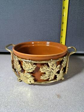 3161l91-71 Teleflora Gifts Vintage Fall Brass And Ceramic Casserole Dish With Leaves #3161l91-71