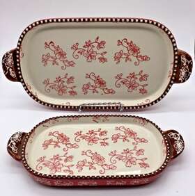 936844 Temp-tations Temptations Ovenware Set Of 2 Red Floral Lace Trays 9.5 Inch 7.5