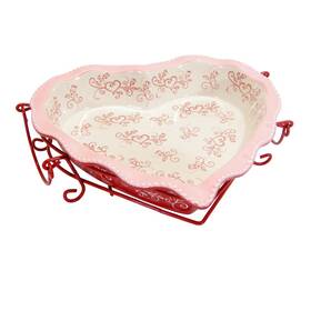 952782 Temp-tations Temptations Floral Lace Red Heart Shaped Baking Dish With Metal Carrier