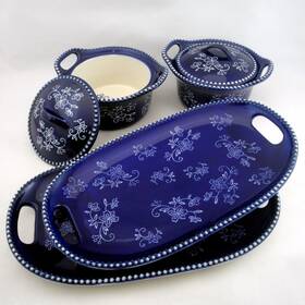 Bt5-po125153 Temp-tations Temptations Cobalt Blue Floral Lace Soup Crocks With Lids Sandwich Tray Plates Set