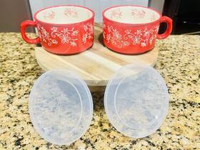 166987 Temp-tations By Tara Set Of 2 Lidded Red Floral Lace Soup Cups Stoneware Ec 22oz