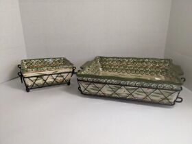 762139 Temp-tations By Tara Old World Green Rectangle Casserole Set Of 2 With Stands