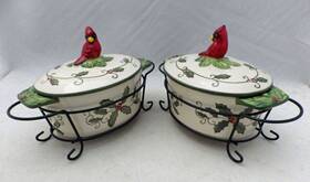 Ppp-sq-730670 Temp-tations - Cardinal Patten Two 9 Oz. Oval Holiday Casserole Lid And Holder