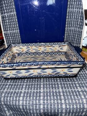 396-1212 Temptations 2.5 Quart Old World Blue Baking Casserole Lid Rack Handles 11 1/2x7 1/2
