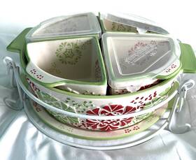 792004 Temptations By Tara Winter Garden Casserole / Baker Dish And Relish Tray Set 10pc
