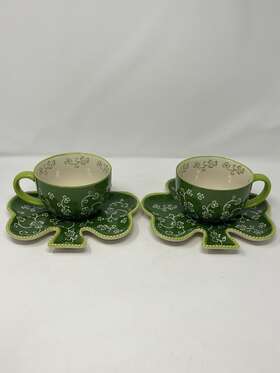 921153 Temptations Bakeware Floral Lace Green Soup Cups With Plates 4 Leaf Clover New 921153 Temptations Bakeware Floral Lace Green Soup Cups With Plates 4 Leaf Clover New