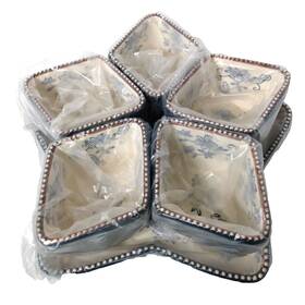 K43573 Temptations Temp-tations Divided Star Tray Ramekins Floral Lace Blue Nib Nos