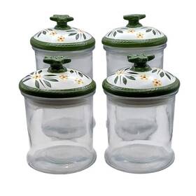 K50092 Temptations Nwb Old World By Tara Glass Canisters Set Of 4 With Green Floral Lids