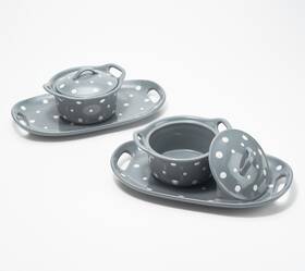 K50753 Temptations Temp-tations S/2 Soup And Sandwich Bowl Plate With Lids Polka Dot Gray