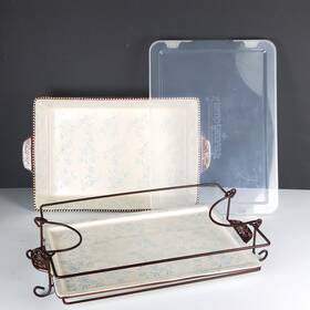 Kfi-730416 Temptations Temp-tations Floral Lace 13 Inch X9 4 Quart Set Ceramic Ovenware Light Blue Bakeware