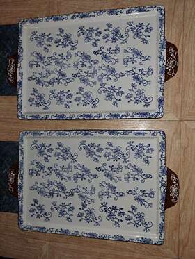 Kfi-xng-768973 Temptations 2 Lot Ceramic Tara Blue Floral Lace Serving Tray Platters 16 X 9-3/4