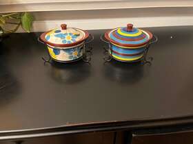 M4412 Temptations By Tara Old World Mini Casserole Dish Stand Stripes Floral 9 Oz X2