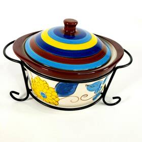 M817 Temptations 9 Oz Individual Oval Casserole And Lid Metal Stand Old World Cranberry