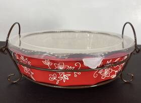 Ppp-hld-922181 Temptations Temp-tation Tara Floral Lace 9 Inch Casserole Quiche Pie Dish Red Metal Stand Lid