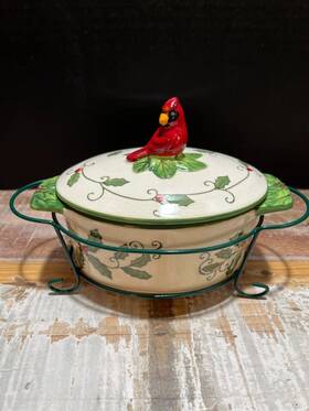 Ppp-sq-736670 Temptations Temp-tations By Tara - 9oz Casserole With Lid And Holder Christmas Holly Cardinal