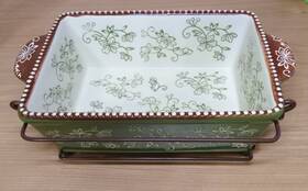 Qtkfi-xng-797376 Temptations Baking Dish Tara Floral Lace Green 1.5 Quart With Metal Carrier Trivet