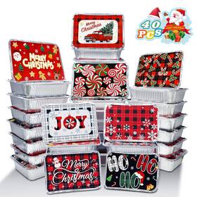 Cfc-01 Tunpug 40 Pieces Christmas Foil Containers With Lids 9 Holiday Designs 7 Inch X5 X