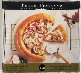 Tutto Italiano 793658925176 3 Piece Pizza Stone Set 13 Inch Round Serving Rack Cutter Nob