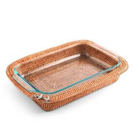 Vagabond House 848324059423 Hand Woven Rattan 3 Quart Rectangular Casserole Holder With Pewter