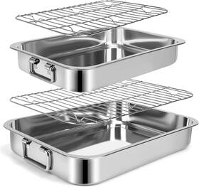 Valueharbor Store 744110233667 2 Pcs 13.7 Inch 15 Stainless Steel Roasting Pans With Handles Baking Pan For Oven W
