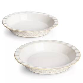 Vancasso 744759823991 2-piece Round Stoneware Pie Dish Set Ivory White Baking Embossed Pattern Ba