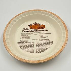6298 Watkins Vintage 1981 Ceramic Pie Plate Pumpkin Chiffon Recipe #6298 Usa 11 Inch