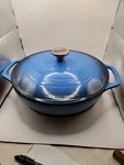 Lodge Cast Iron Covered Casserole Pan. Blue 11.5 Inside Marked. Fixed Price $80.00.