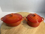 Le Creuset Mini Cocotte Heat Resistant Volcanic Orange Round & Oval 2PC Lot. Fixed Price $55.99.