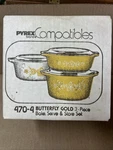 Sealed Box Vintage Pyrex Butterfly Gold 470-4 Bake, Serve & Store Set. Fixed Price $175.00.