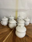 Vintage Set Of 7 White Porcelain Pots De Creme Cups Unmarked. Vgc. Fixed Price $38.00.