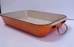 Vtg Creuset Casserole Lasagna Pan Dish 8"X11.5" Bail Handles Orange Enamel. Fixed Price $79.00.