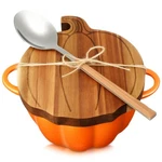 11 Oz Orange Pumpkin Pot With Carved Wooden Lid Spoon Bowl Soup Dish Cookware. Fixed Price $37.03.