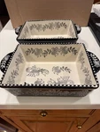 Baum Gray Floral Stoneware Loaf Pans Set Of 2 Oven Safe Beaded Rim Modern 8"X6". Fixed Price $24.00.